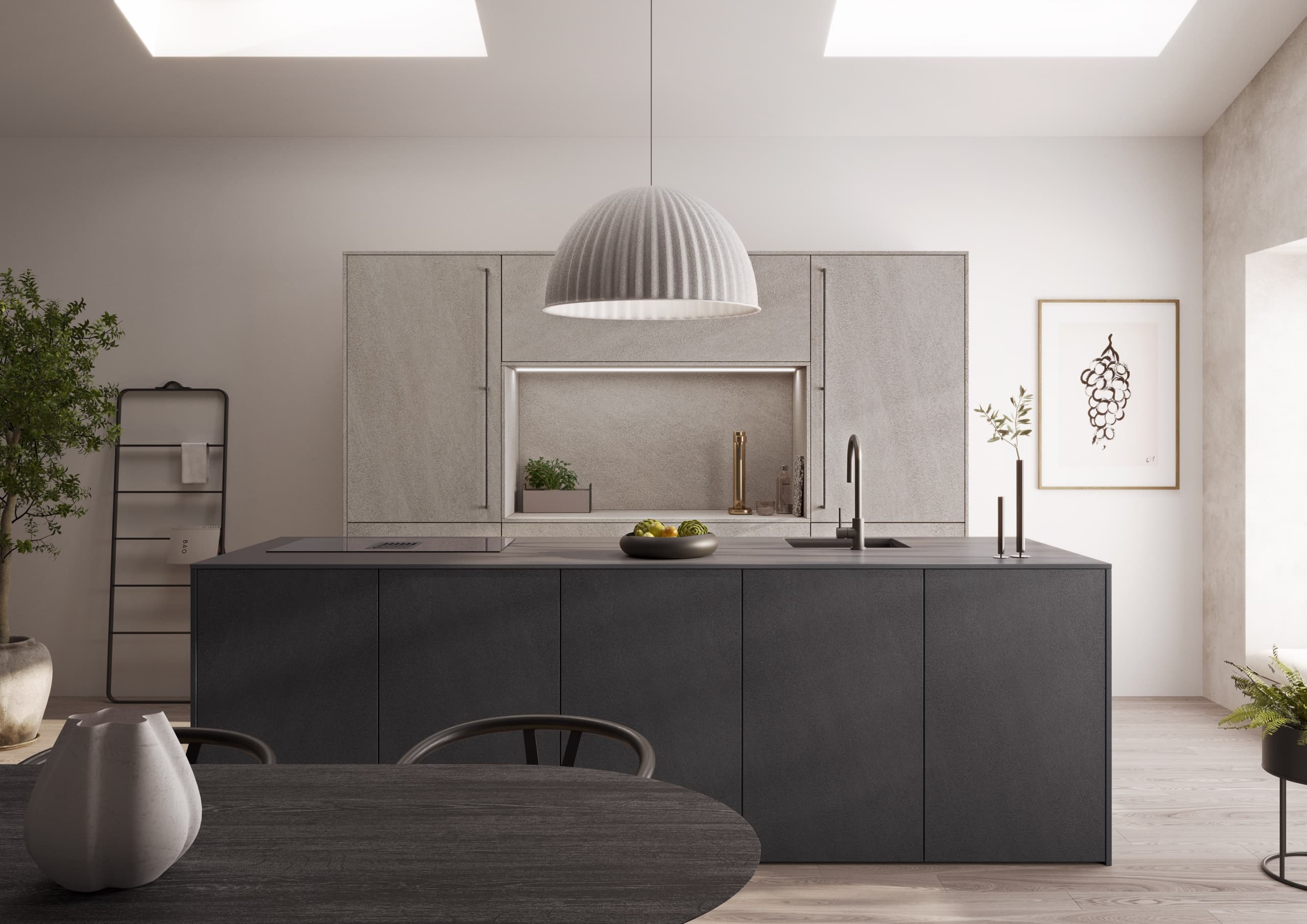 Helle Designküche mit Betonoptik und Edelstahlgriffen